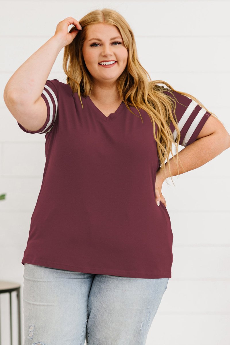 Plus Size Striped V - Neck Tee Shirt - Deb Shops