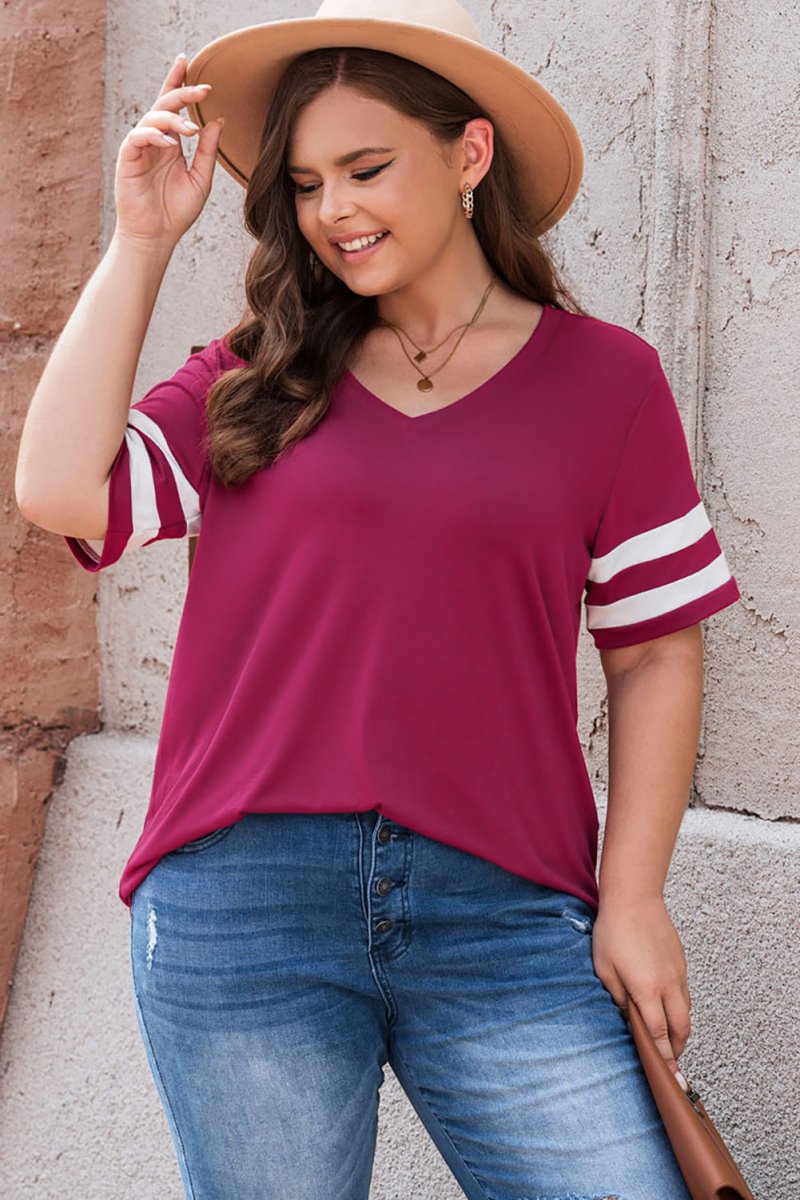 Plus Size Striped V - Neck Tee Shirt - Deb Shops