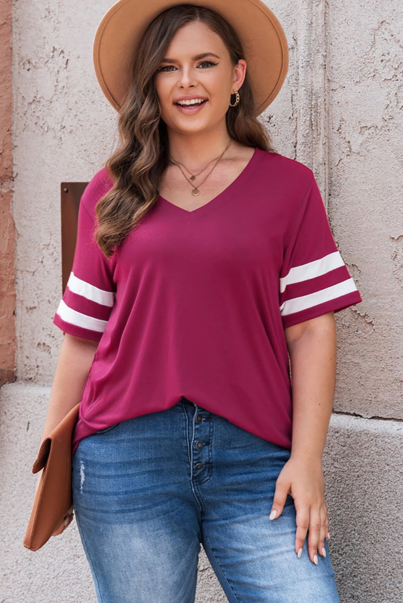 Plus Size Striped V - Neck Tee Shirt - Deb Shops