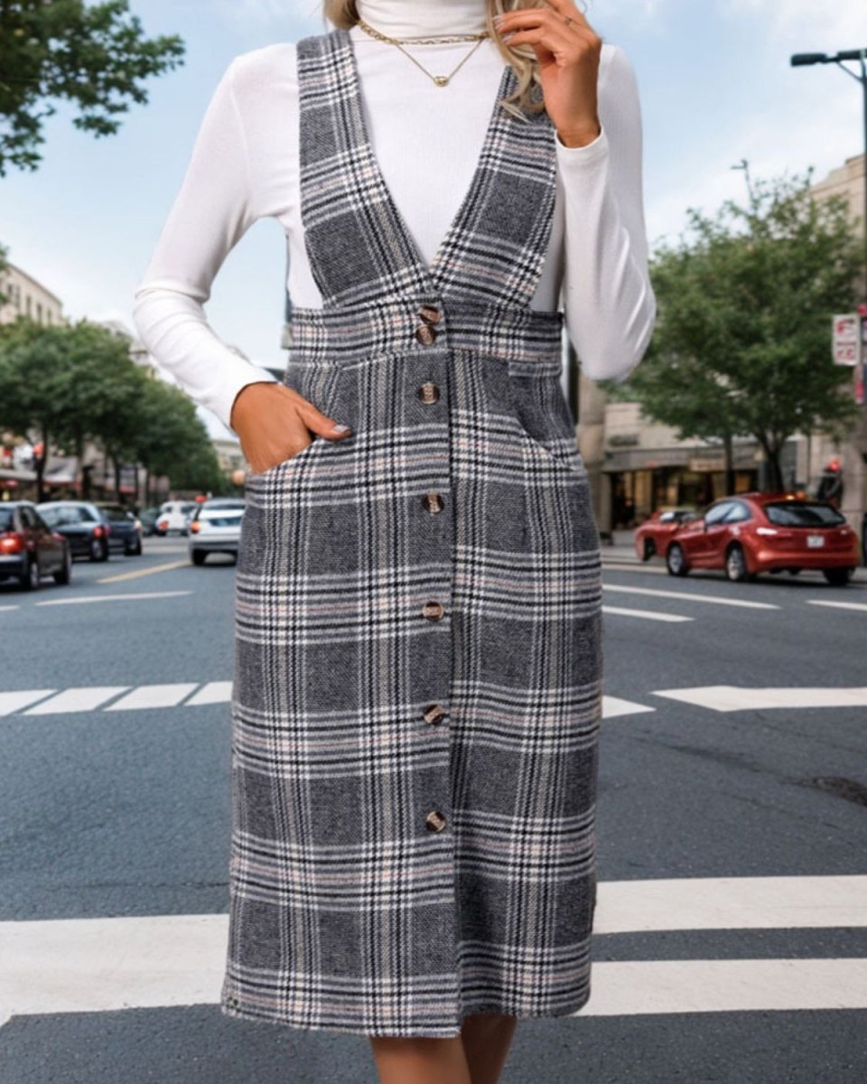 Pocketed Plaid Overall Dress - Deb Shops