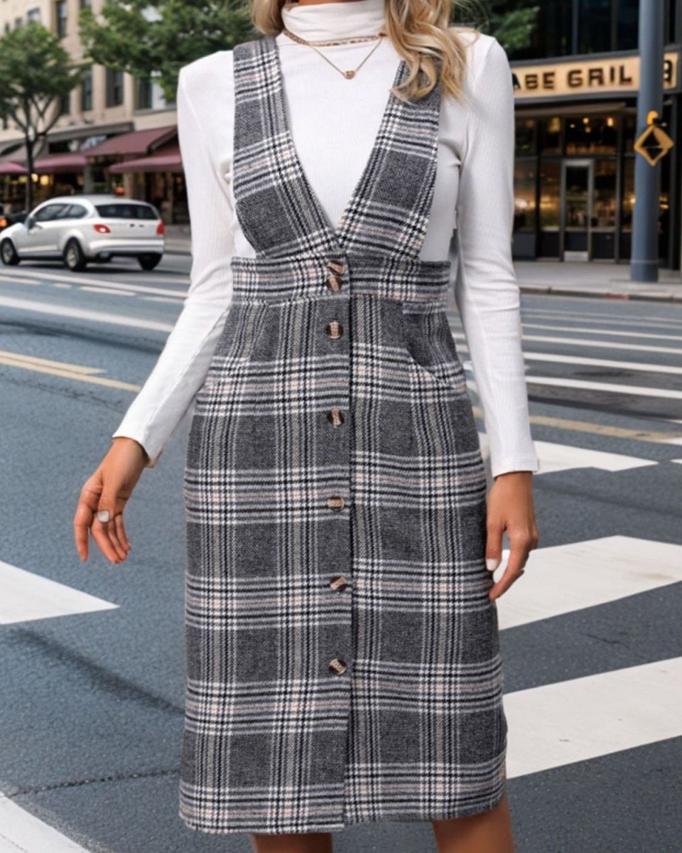 Pocketed Plaid Overall Dress - Deb Shops