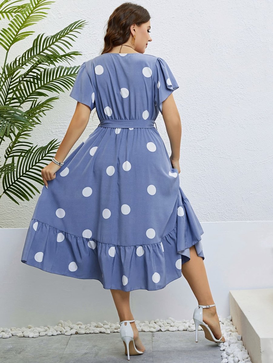 Polka Dot Belted Flutter Sleeve Ruffle Hem Dress - Deb Shops
