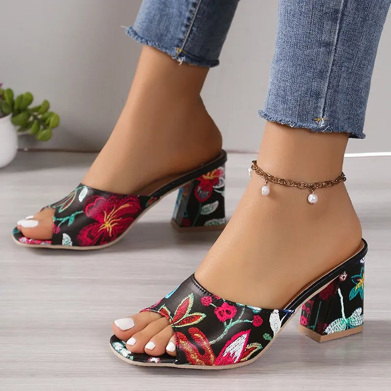 Printed Block Heels Sandals - Deb Shops