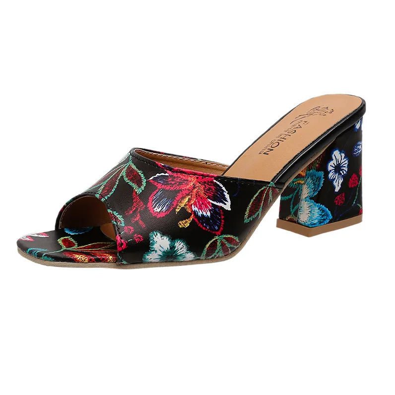 Printed Block Heels Sandals - Deb Shops