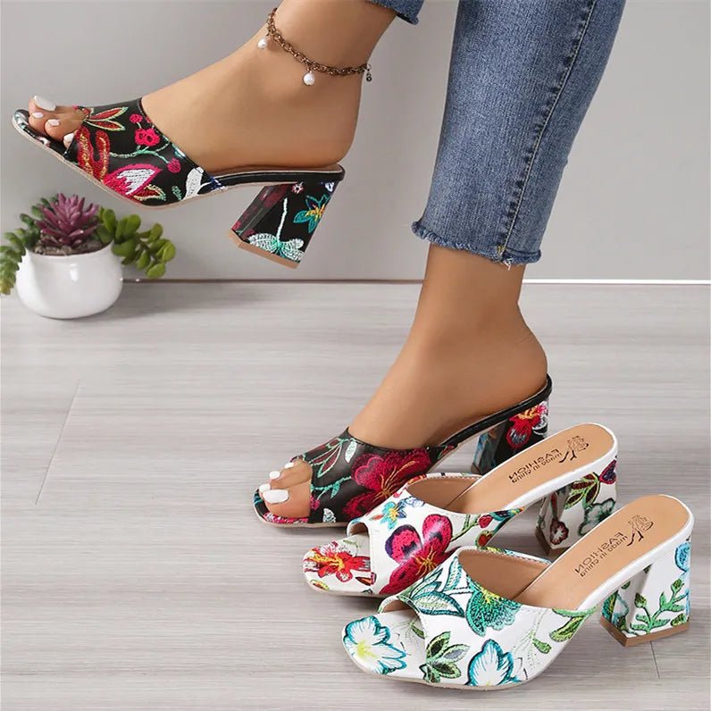 Printed Block Heels Sandals - Deb Shops