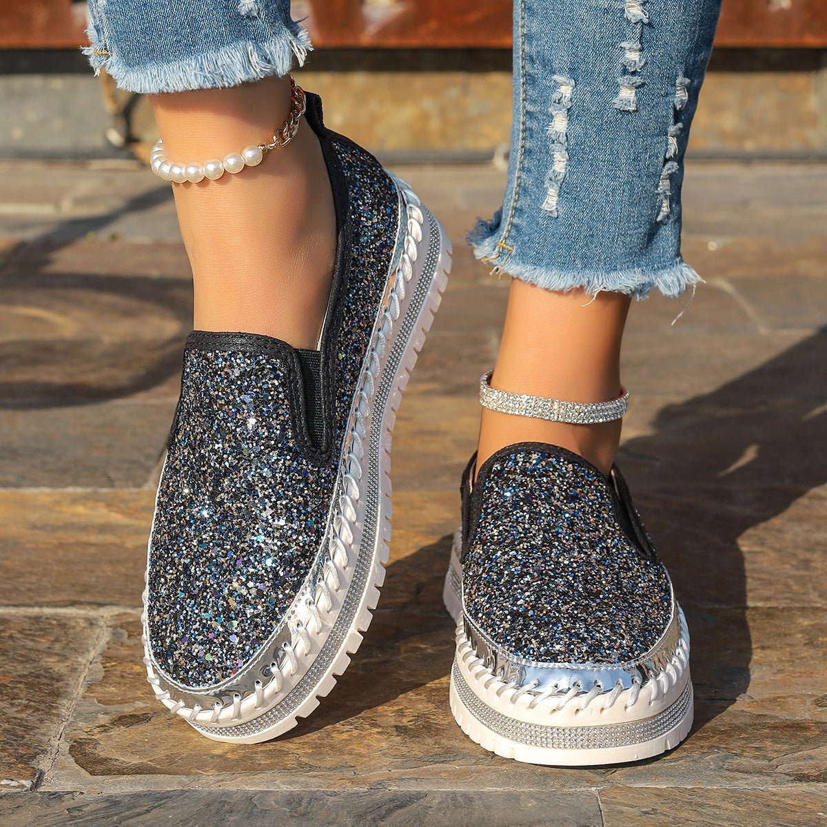 Rhinestone Round Toe Platform Loafers - Deb Shops