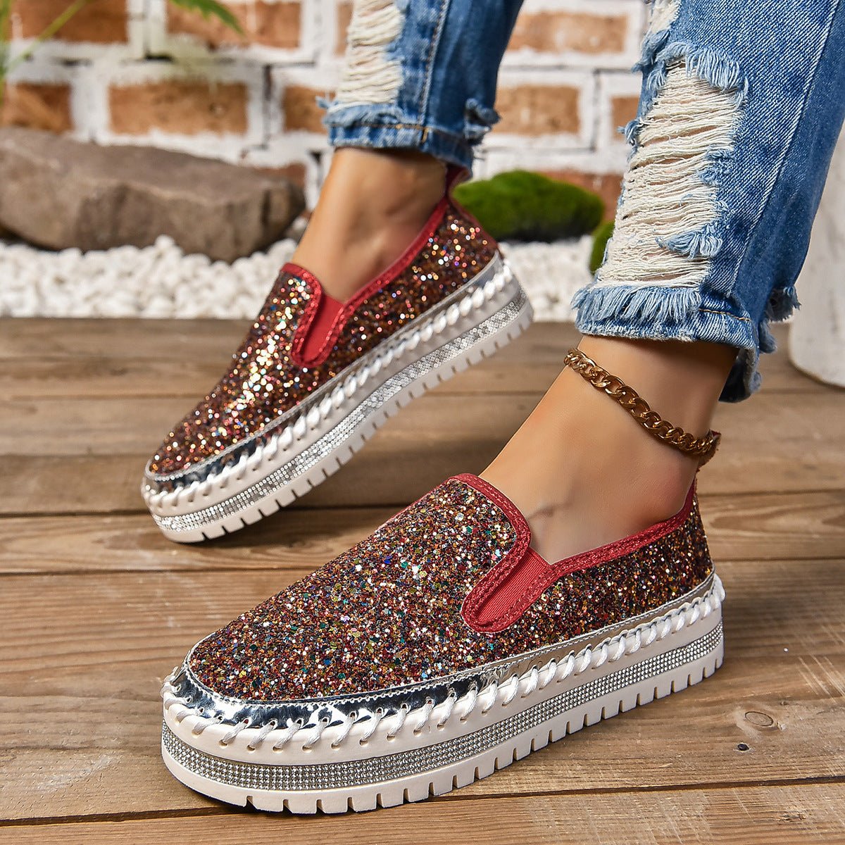 Rhinestone Round Toe Platform Loafers - Deb Shops