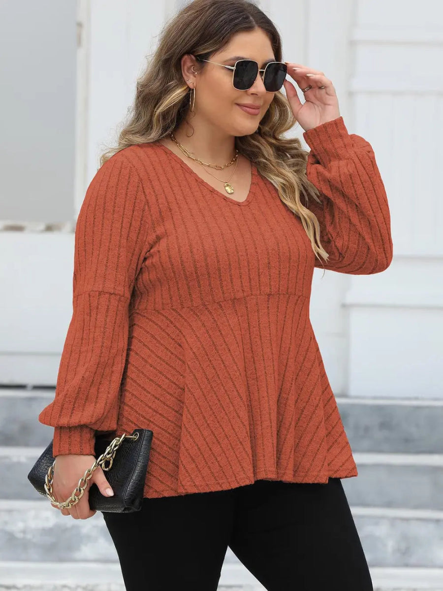 Ribbed V - Neck Long Sleeve Blouse - Deb Shops