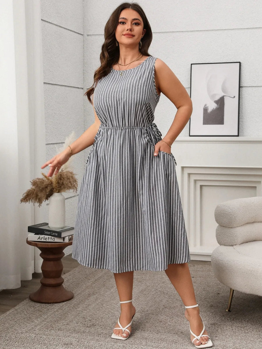 Striped Round Neck Sleeveless Dress - Deb Shops