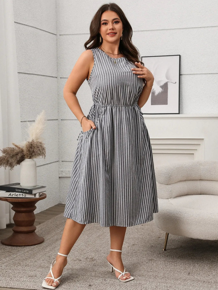 Striped Round Neck Sleeveless Dress - Deb Shops