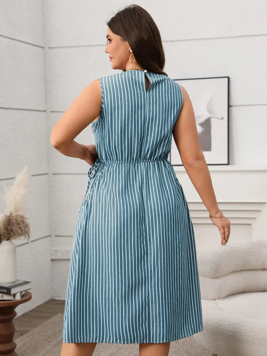 Striped Round Neck Sleeveless Dress - Deb Shops