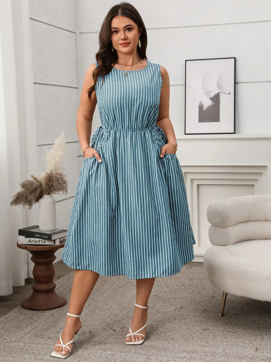 Striped Round Neck Sleeveless Dress - Deb Shops