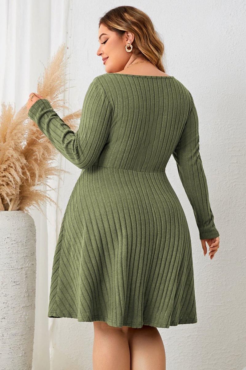Sweetheart Neck Long Sleeve Ribbed Dress - Deb Shops
