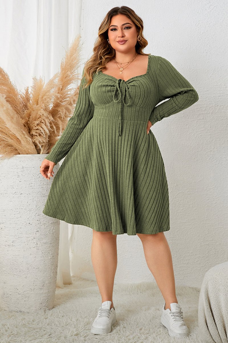 Sweetheart Neck Long Sleeve Ribbed Dress - Deb Shops