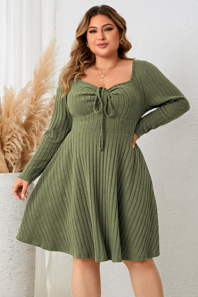 Sweetheart Neck Long Sleeve Ribbed Dress - Deb Shops