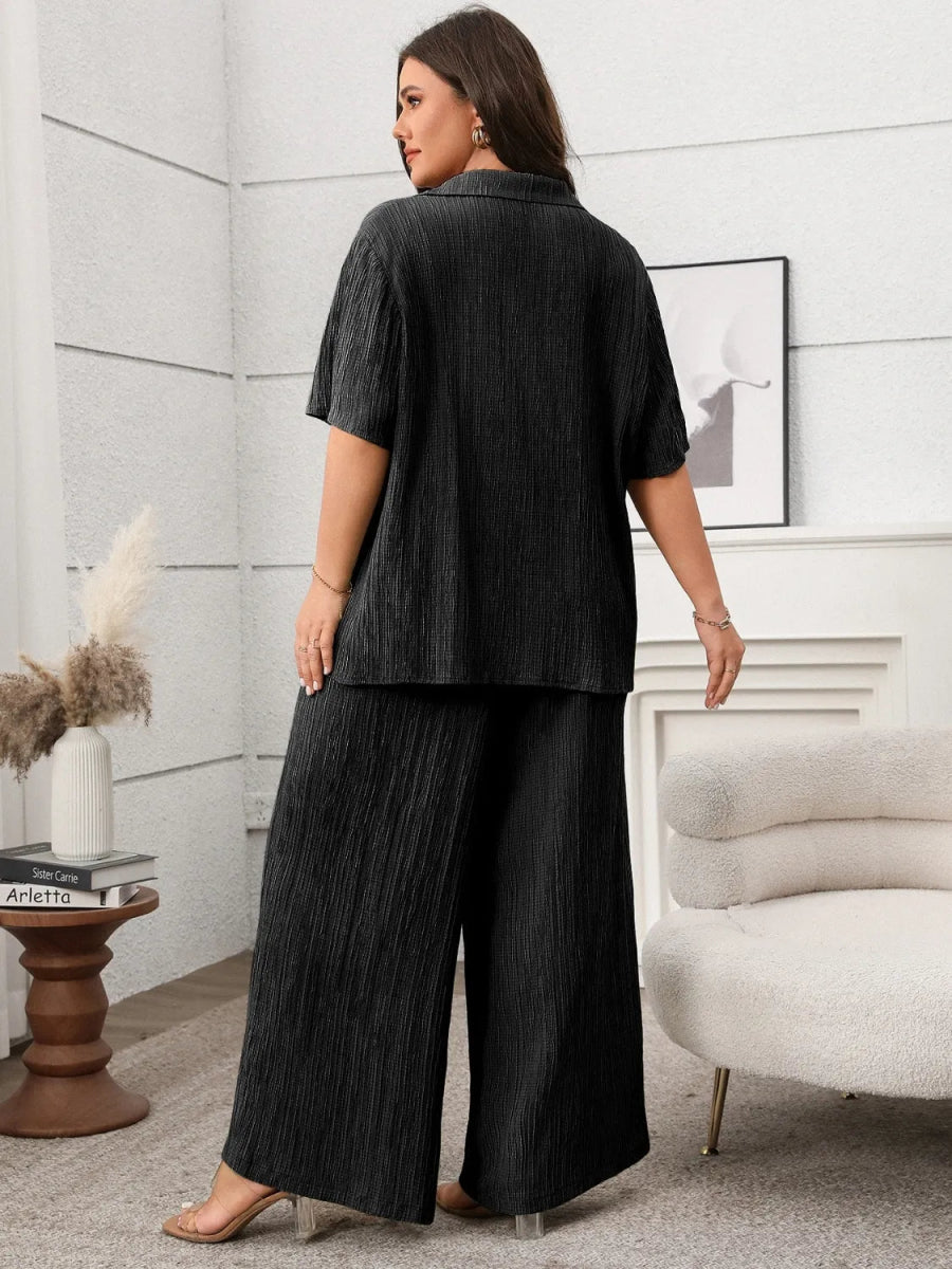 Tie Front Short Sleeve Top and Pants Set - Deb Shops