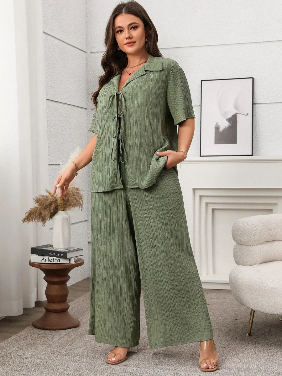 Tie Front Short Sleeve Top and Pants Set - Deb Shops