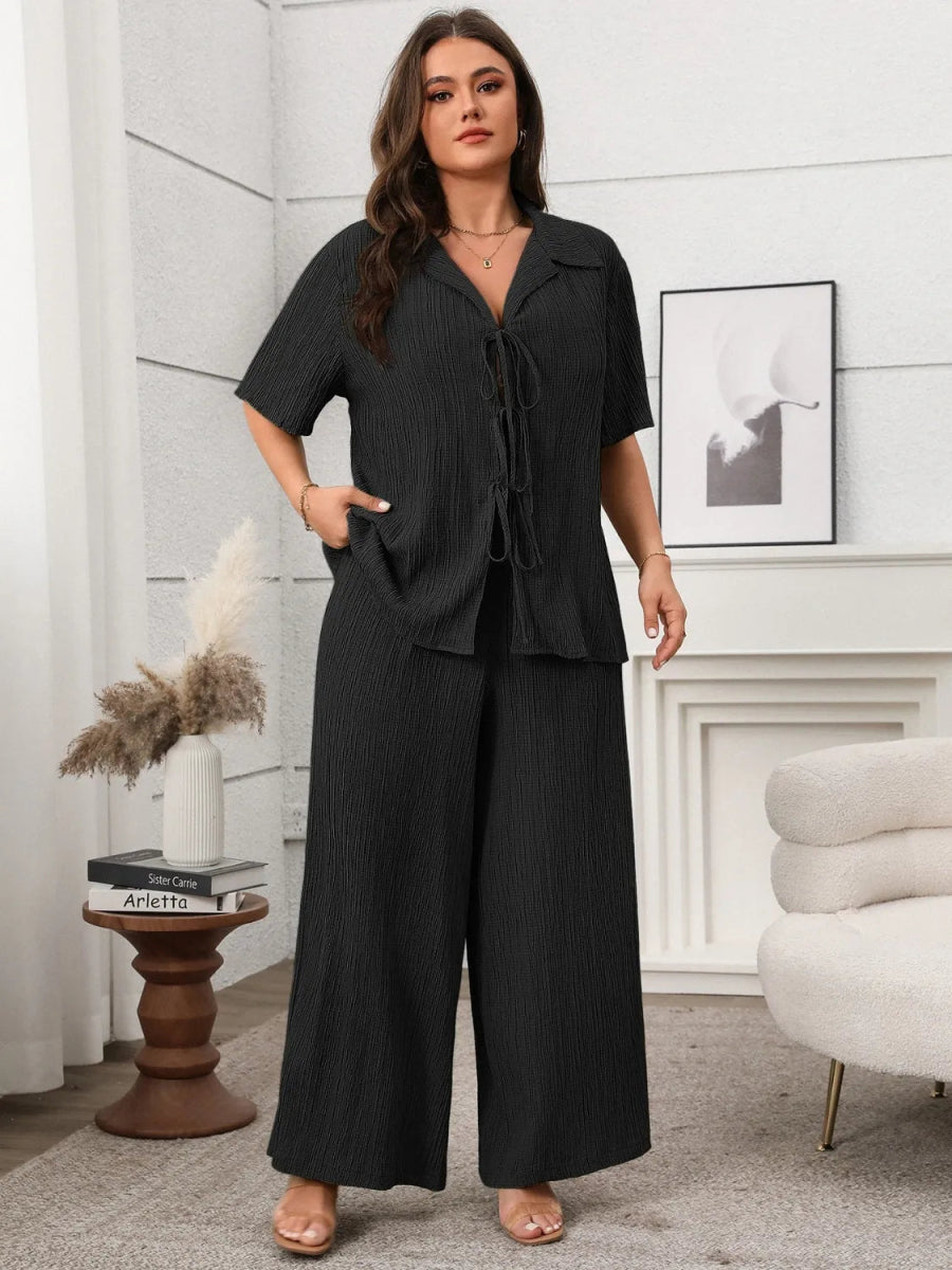 Tie Front Short Sleeve Top and Pants Set - Deb Shops