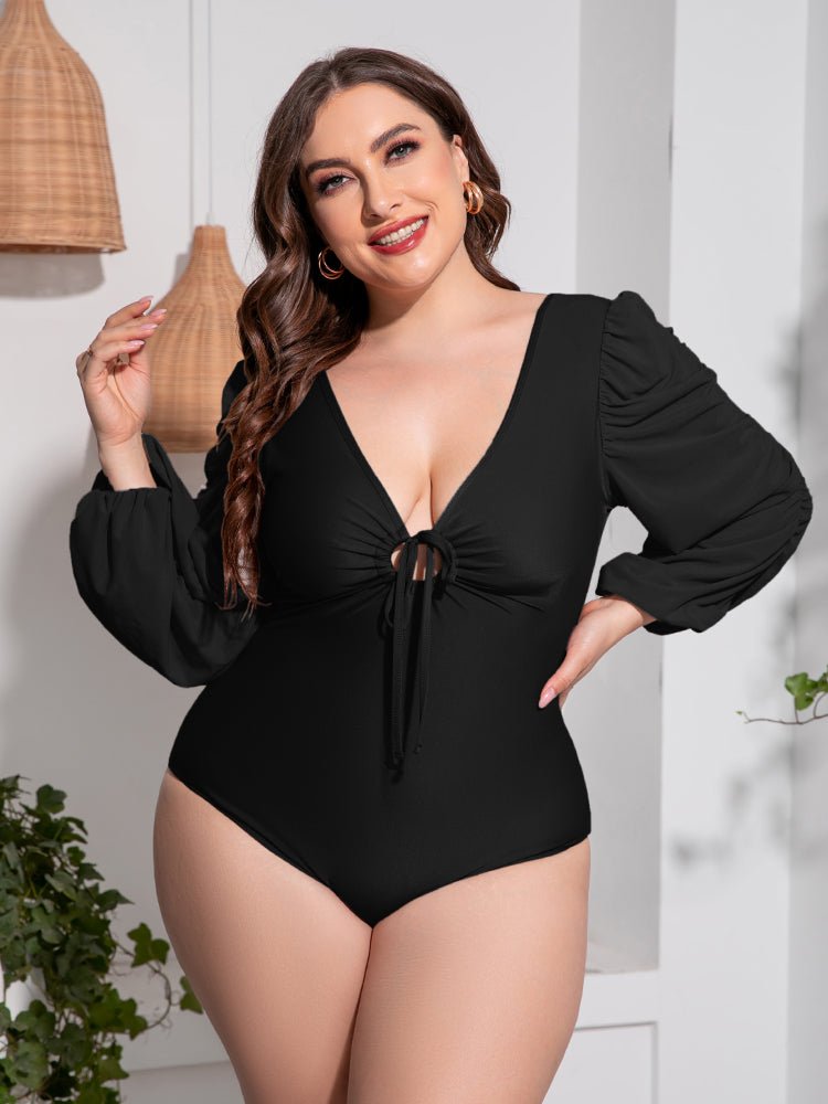 Tied Deep V Balloon Sleeve One - Piece Swimsuit - Deb Shops