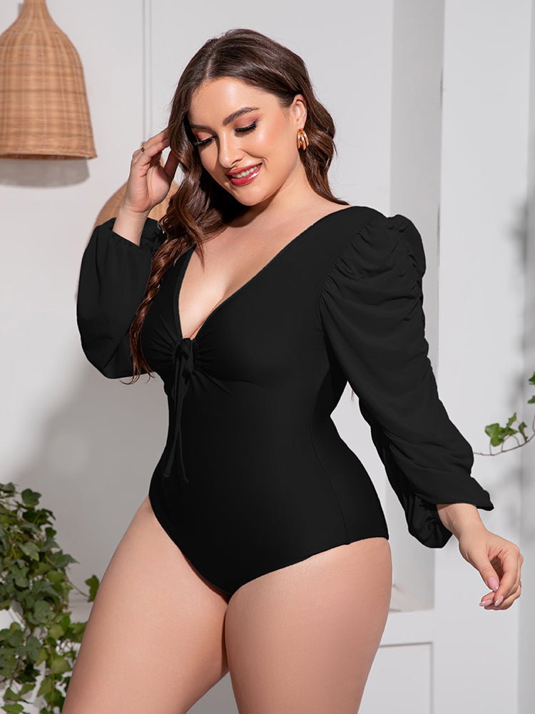 Tied Deep V Balloon Sleeve One - Piece Swimsuit - Deb Shops