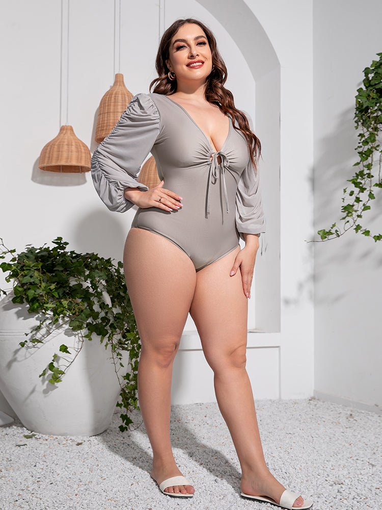 Tied Deep V Balloon Sleeve One - Piece Swimsuit - Deb Shops