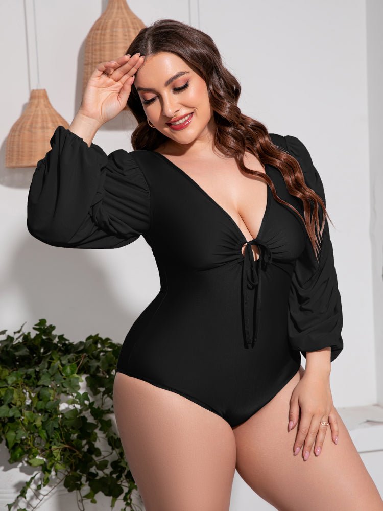 Tied Deep V Balloon Sleeve One - Piece Swimsuit - Deb Shops