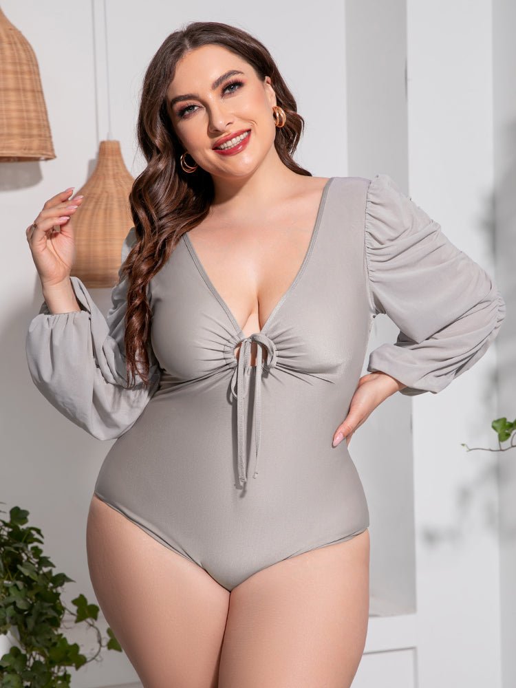 Tied Deep V Balloon Sleeve One - Piece Swimsuit - Deb Shops