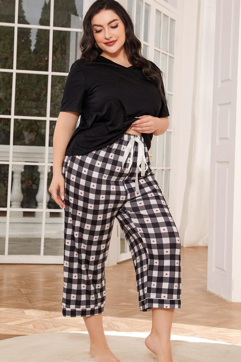 V - Neck Tee and Plaid Cropped Pants Lounge Set - Deb Shops