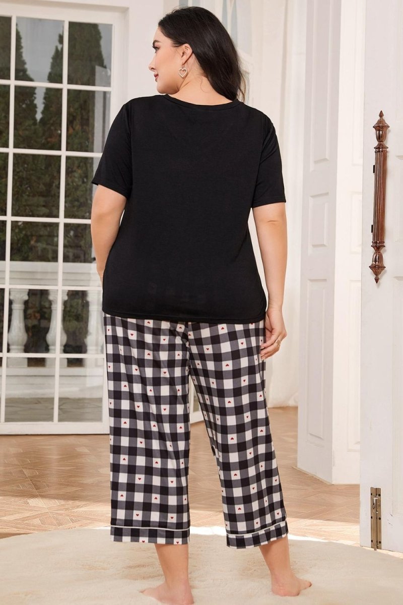 V - Neck Tee and Plaid Cropped Pants Lounge Set - Deb Shops