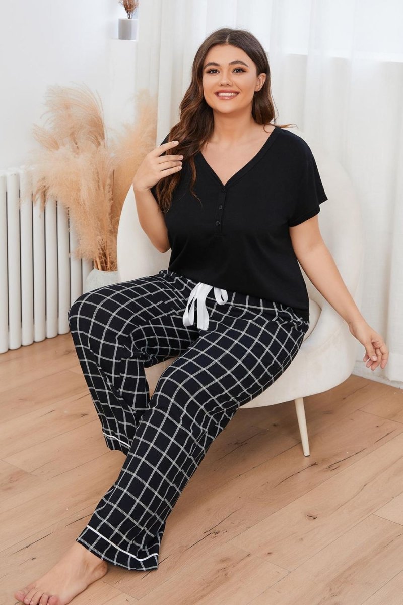V - Neck Top and Plaid Pants Lounge Set - Deb Shops