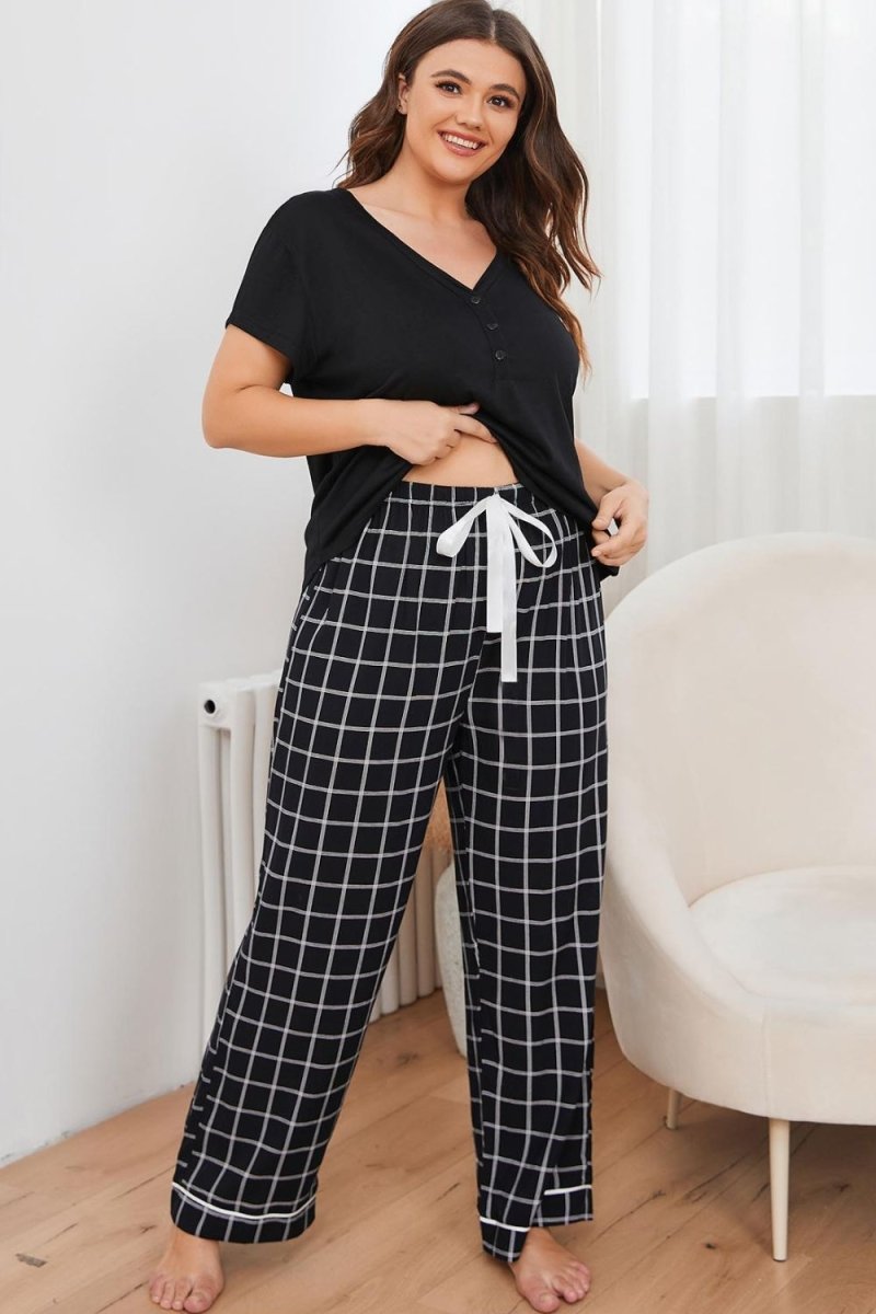 V - Neck Top and Plaid Pants Lounge Set - Deb Shops