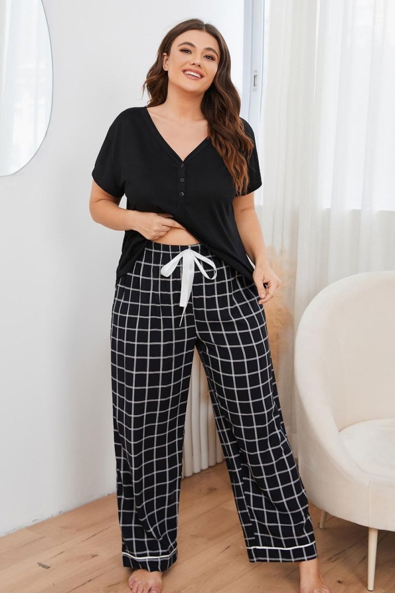 V - Neck Top and Plaid Pants Lounge Set - Deb Shops