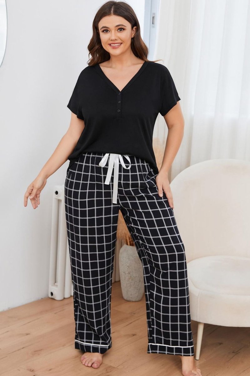V - Neck Top and Plaid Pants Lounge Set - Deb Shops