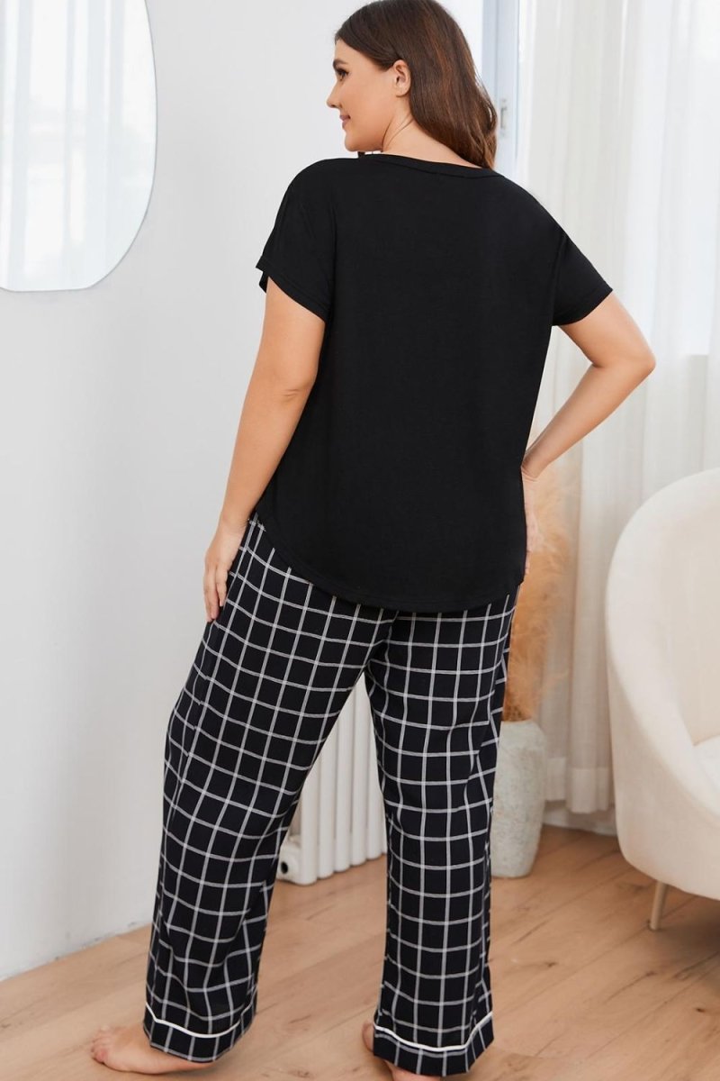 V - Neck Top and Plaid Pants Lounge Set - Deb Shops