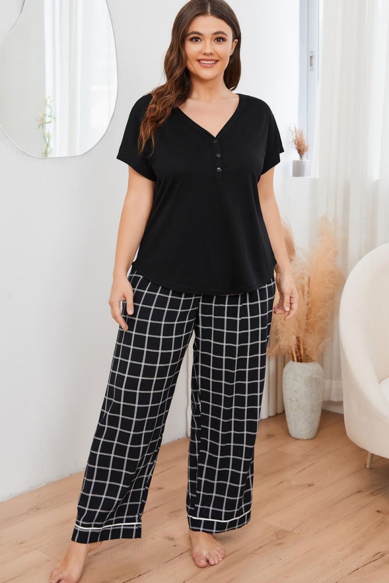 V - Neck Top and Plaid Pants Lounge Set - Deb Shops