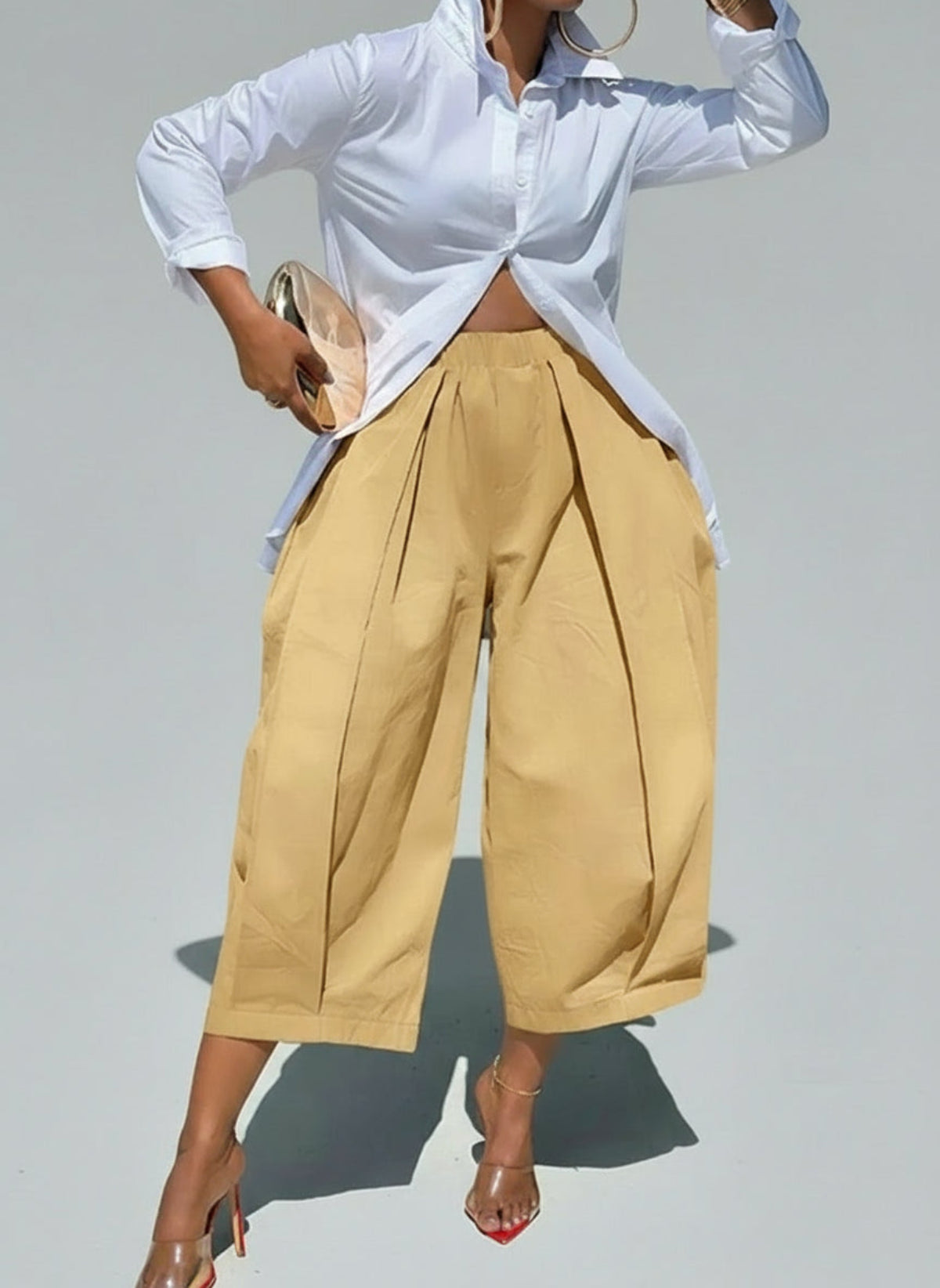 Wide Leg Pleated Detail Cropped Pants - Deb Shops