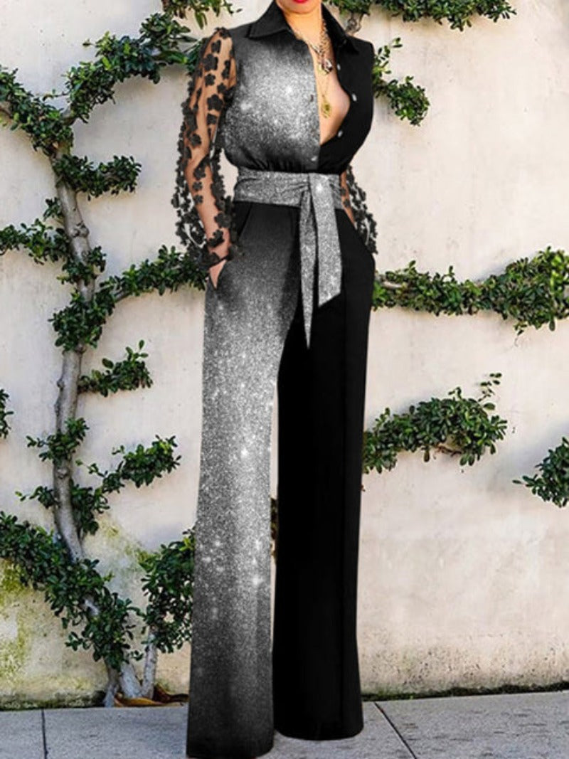 Elegant Flower Lace Mesh Long Sleeve Jumpsuit - Debshops