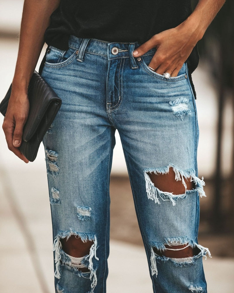 Fashion Mid Waist Boyfriend Big Ripped Hole Jeans - Debshops