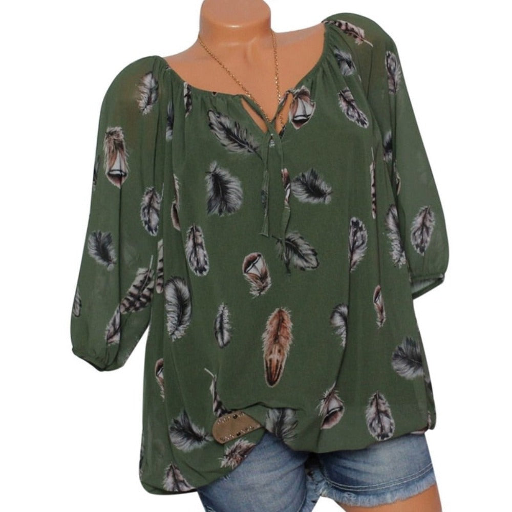 Feather Half Sleeve V Neck Loose Blouse - Debshops