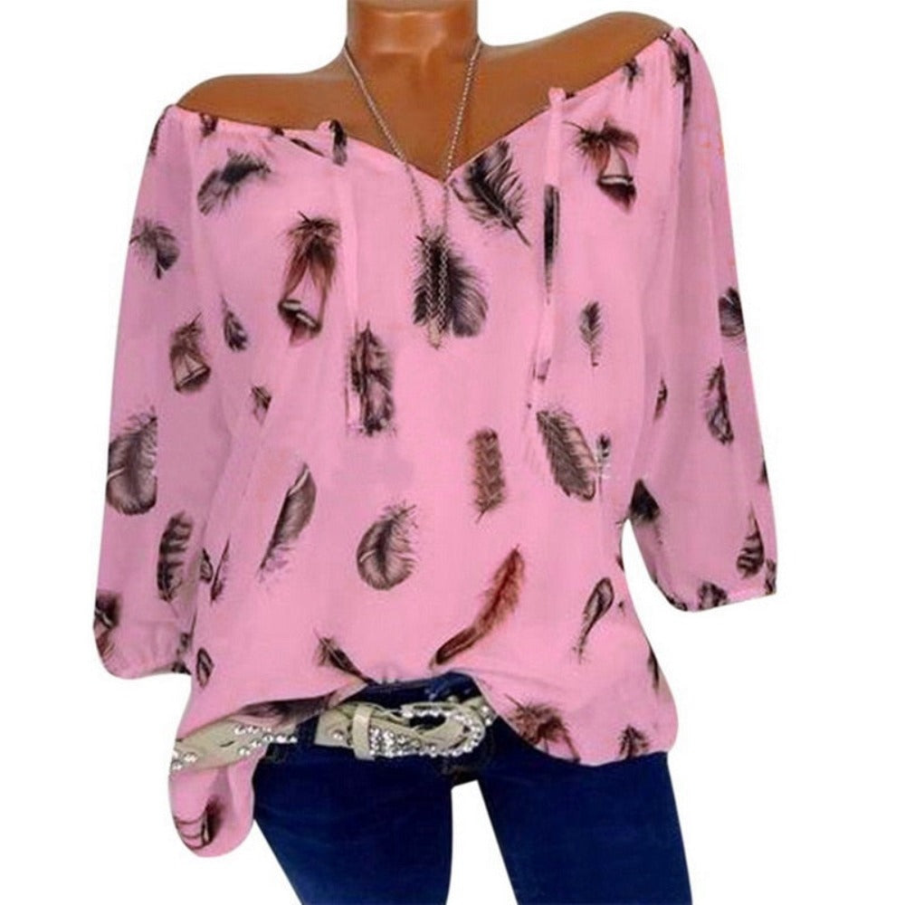 Feather Half Sleeve V Neck Loose Blouse - Debshops