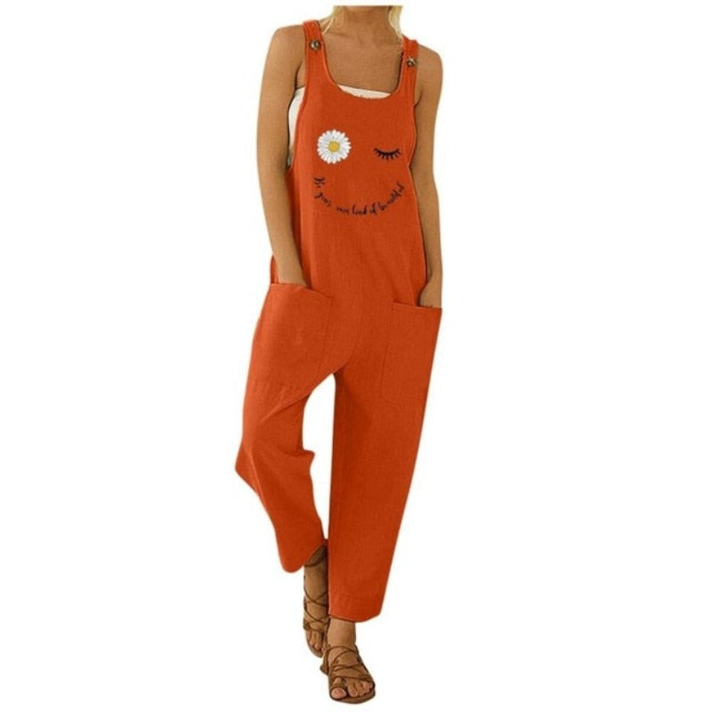 Floral Daisy Print Pocket Romper Long Button Jumpsuit - Debshops