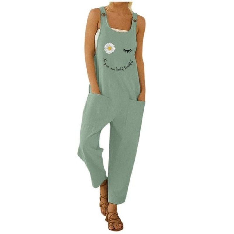 Floral Daisy Print Pocket Romper Long Button Jumpsuit - Debshops
