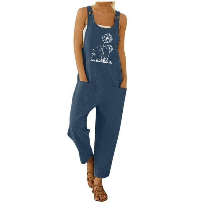 Floral Daisy Print Pocket Romper Long Button Jumpsuit - Debshops