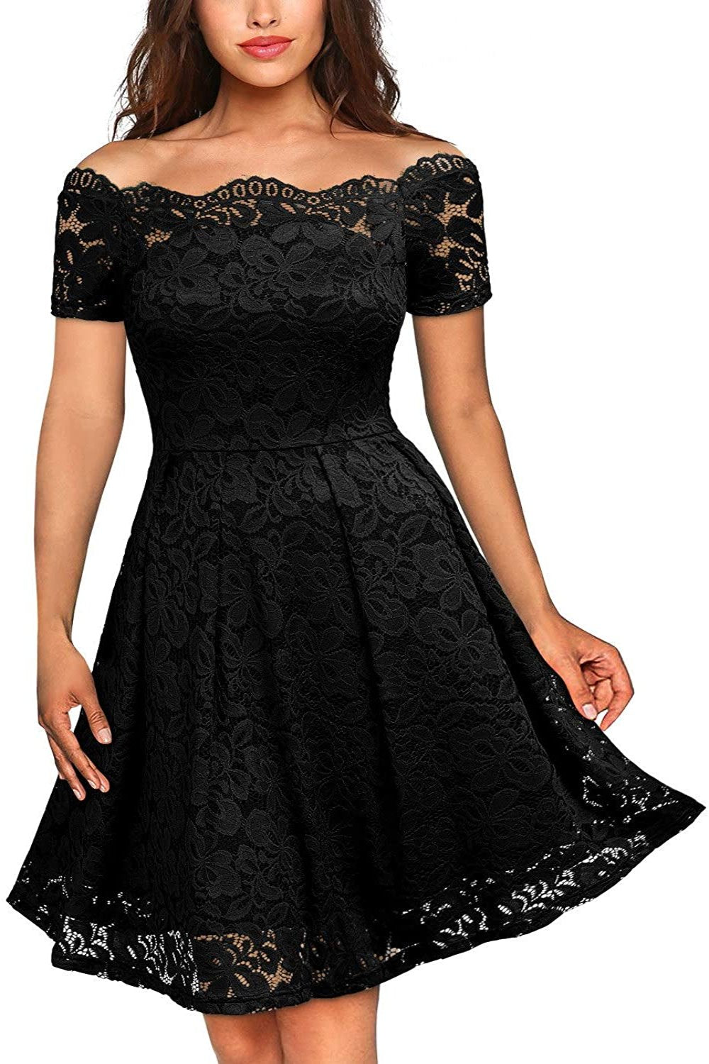 Floral Lace Short Sleeve Boat Neck Swing Dress | Deb Shops