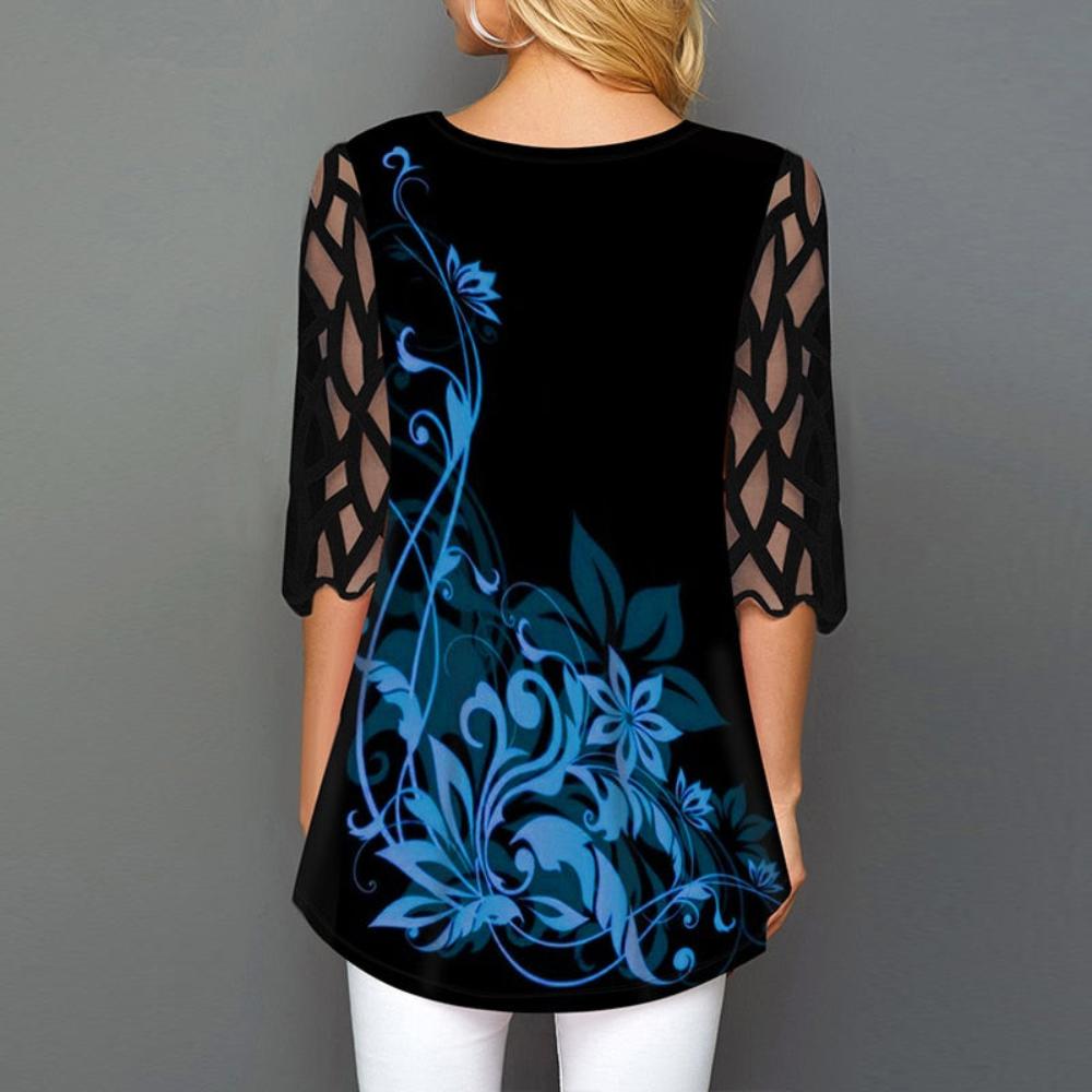 Floral Print Button Detail O Neck Hollow Out Sleeve Blouse | Deb Shops