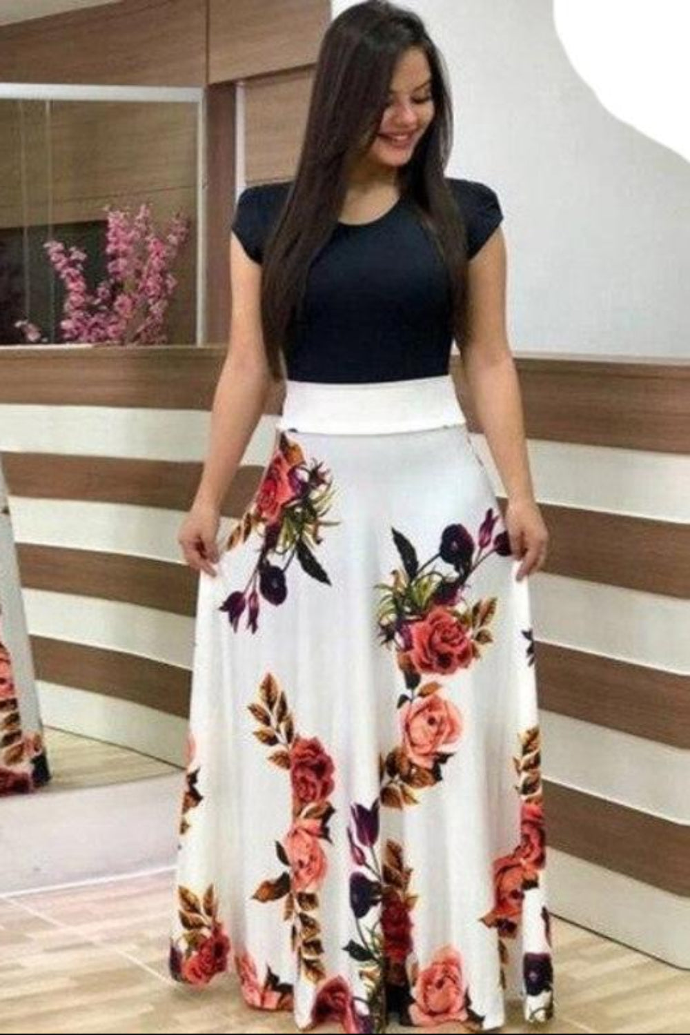 Floral Vintage O Neck Short Sleeve Long Dress | Deb Shops