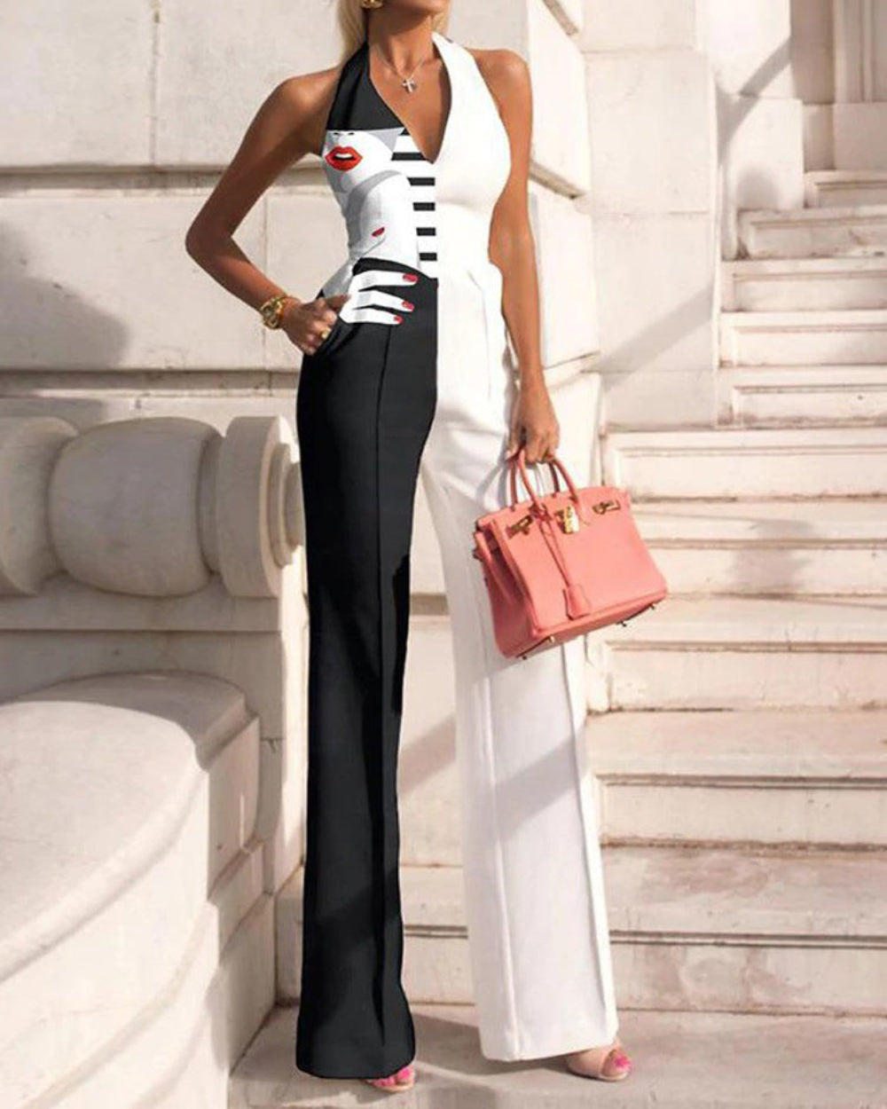 Halter Off Shoulder V Neck Sleeveless Jumpsuit - Debshops