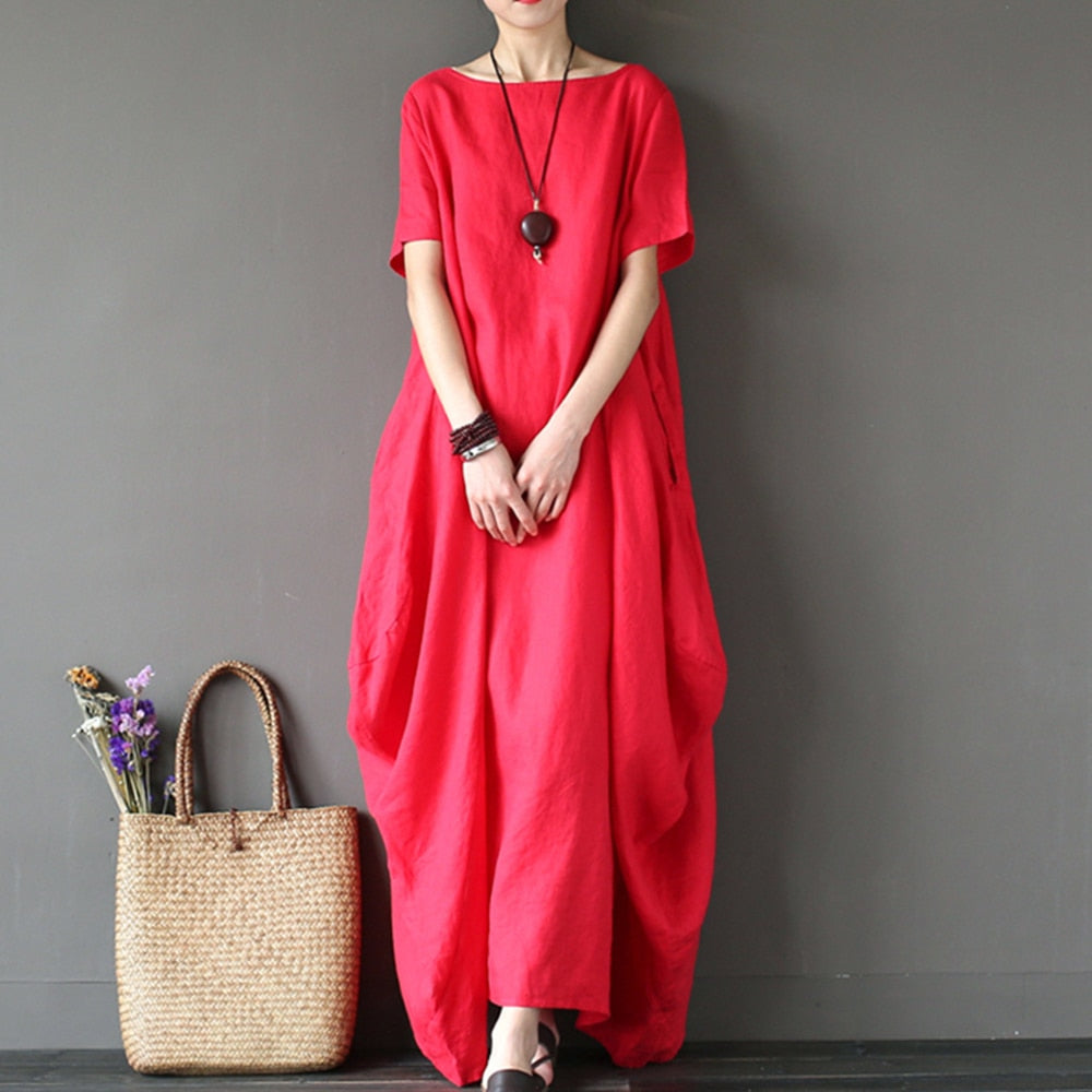 O Neck Long Sleeve Cotton Linen Gown Robe Dress | Deb Shops