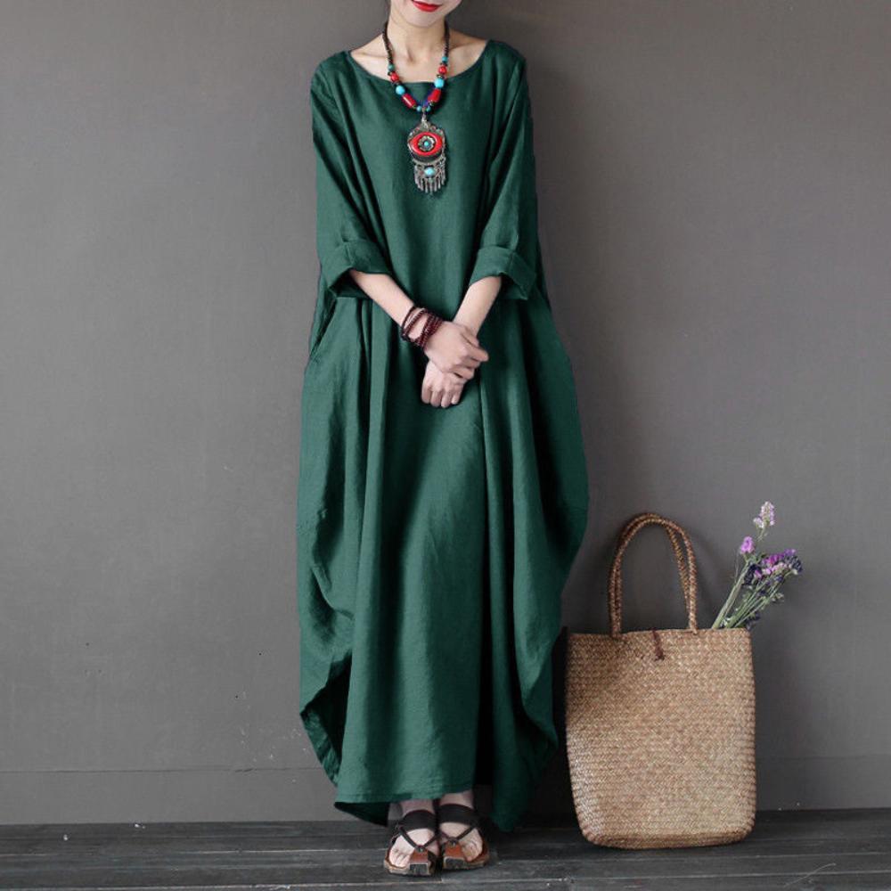 O Neck Long Sleeve Cotton Linen Gown Robe Dress | Deb Shops