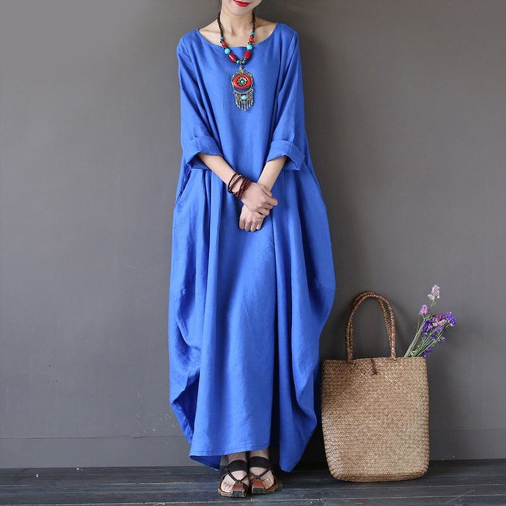O Neck Long Sleeve Cotton Linen Gown Robe Dress | Deb Shops